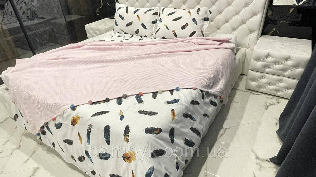 Покривало бавовняне 220×245 з помпонами бавовняне легке літнє Dantela Home