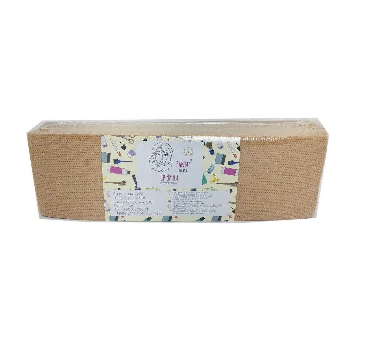 Смужки для депіляції зі спанбонду 7х22 см Panni Mlada (100 шт/пач) 80 г/м2 Колір: крем