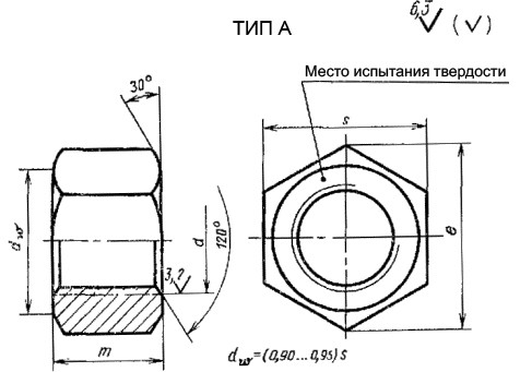 Схема гайки ГОСТ 9064-75 типа А Схема габаритных размеров гайки ГОСТ 9064-75 типа А