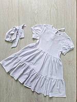 Плаття дитяче для дівчинки однотонне з поясом котон розмір 7-10 років, білого кольору