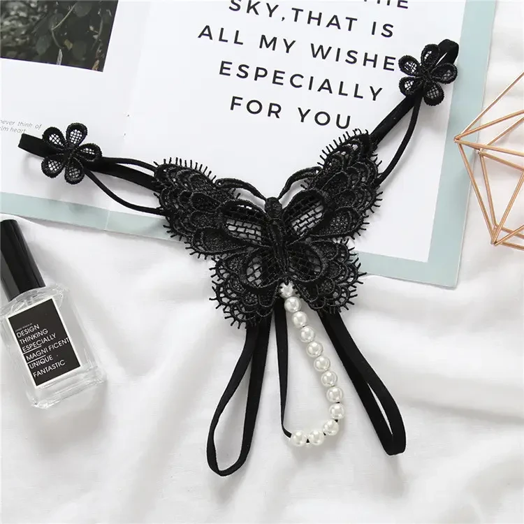 Мереживні еротичні трусики метелик з намистинами