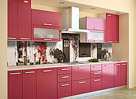 Скинали на кухню Zatarga «Красные Цветы на белых стенах» 600х2000 мм виниловая 3Д наклейка кухонный фартук
