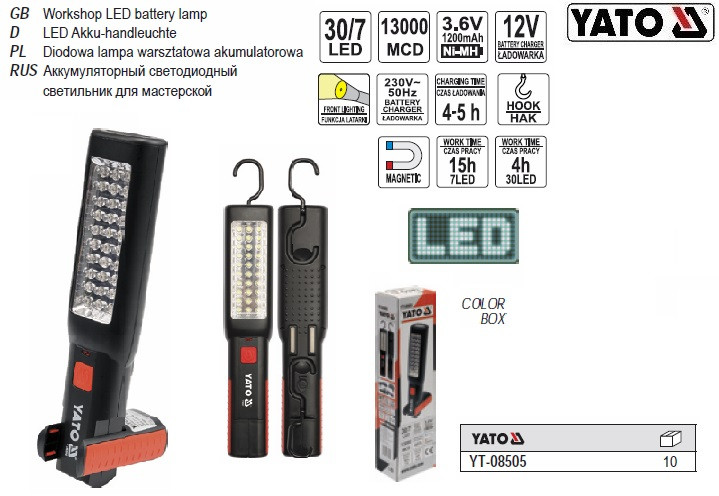 Світильник світильник переносний світлодіодний 30/7 LED акумулятор 36V зарядка від 220V YATO-08505