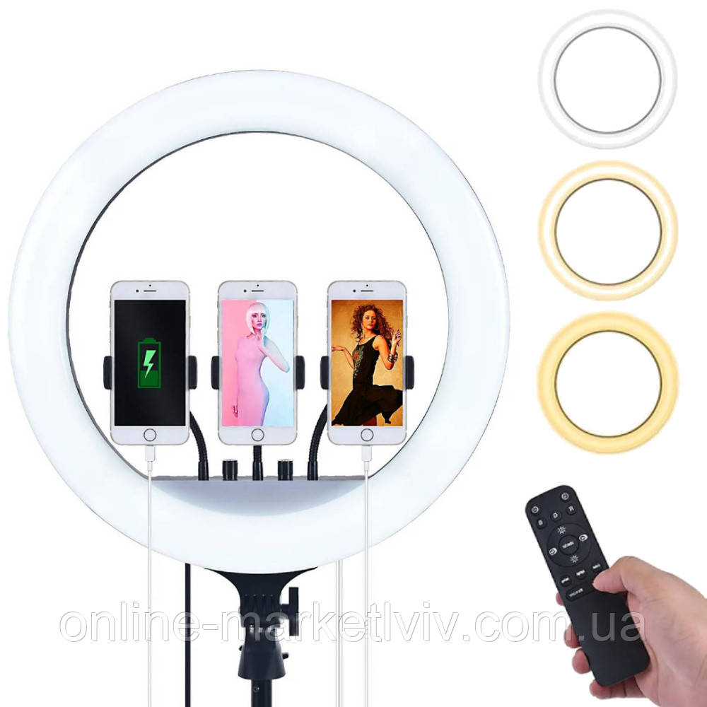 Кільцева LED лампа 45см, R-18, з 3 тримачами / Лампа для професійної зйомки з пультом та сумкою