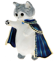 Брошь брошка эмаль металл серый обьемный кот кошка в плаще в короне принц