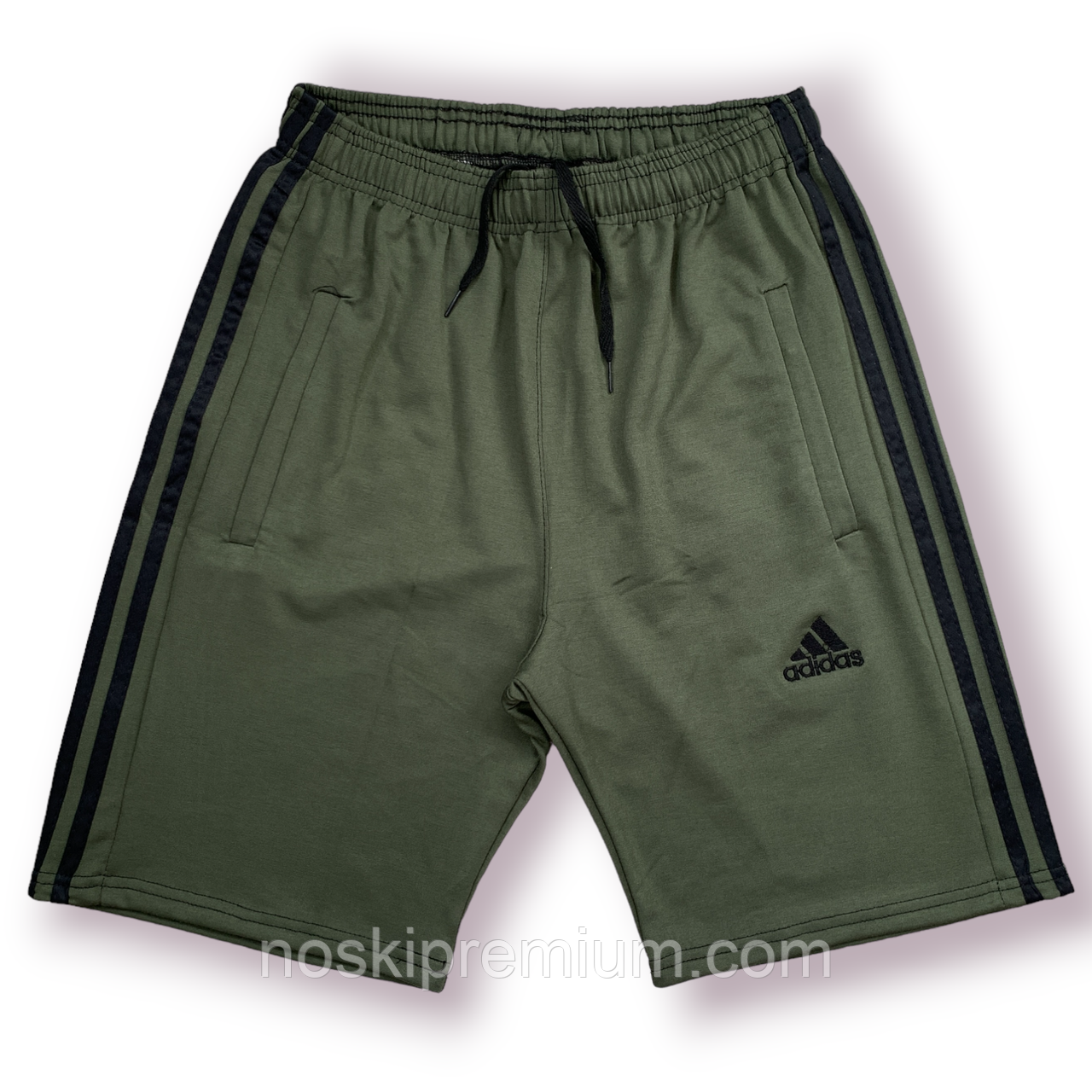 Шорти чоловічі спортивні двонитка Adidas 3 смужки, розміри 46-54, хакі, 011499