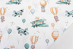 Тканина бязь "Лисички на літаках та ведмедики на повітряних кулях " на білом фоні № С-1910