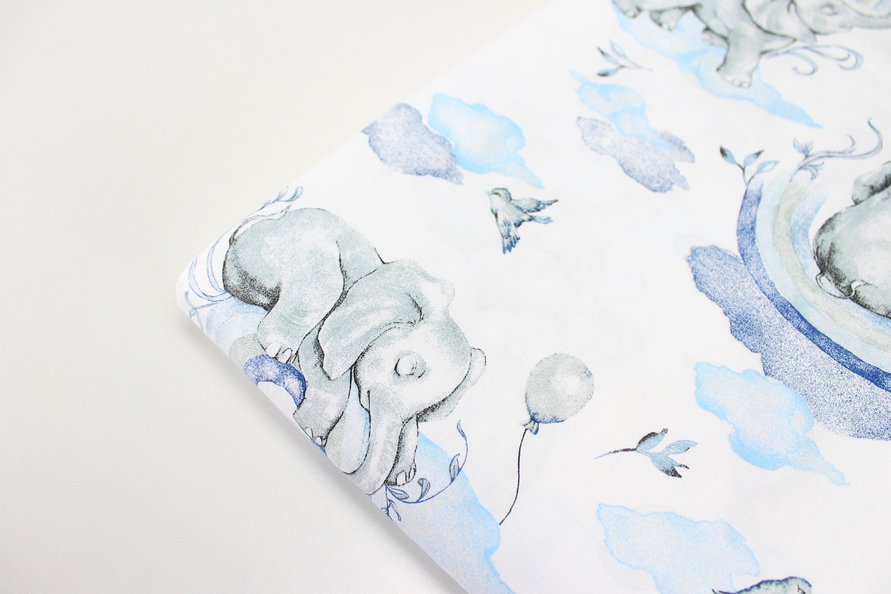 Лоскуток. Тканина бязь "Слони на веселках блакитного кольору" на білому тлі 57*160 см, фото 1