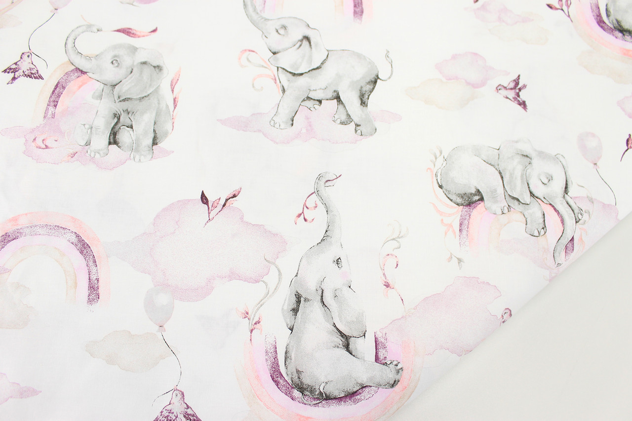 Бязь дитяча "Слони на веселках фіолетового кольору" на білому тлі № 3077