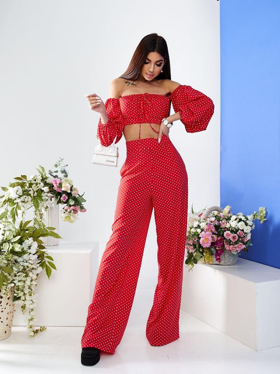 Жіночий костюм топ та штани палаццо червоного кольору