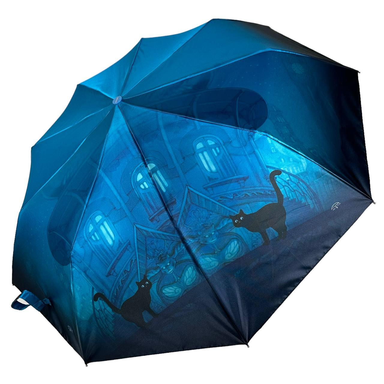 Жіноча парасоля автомат із зображенням нічного міста та чорної кішки від Frei Regen, блакитний, 03056-1