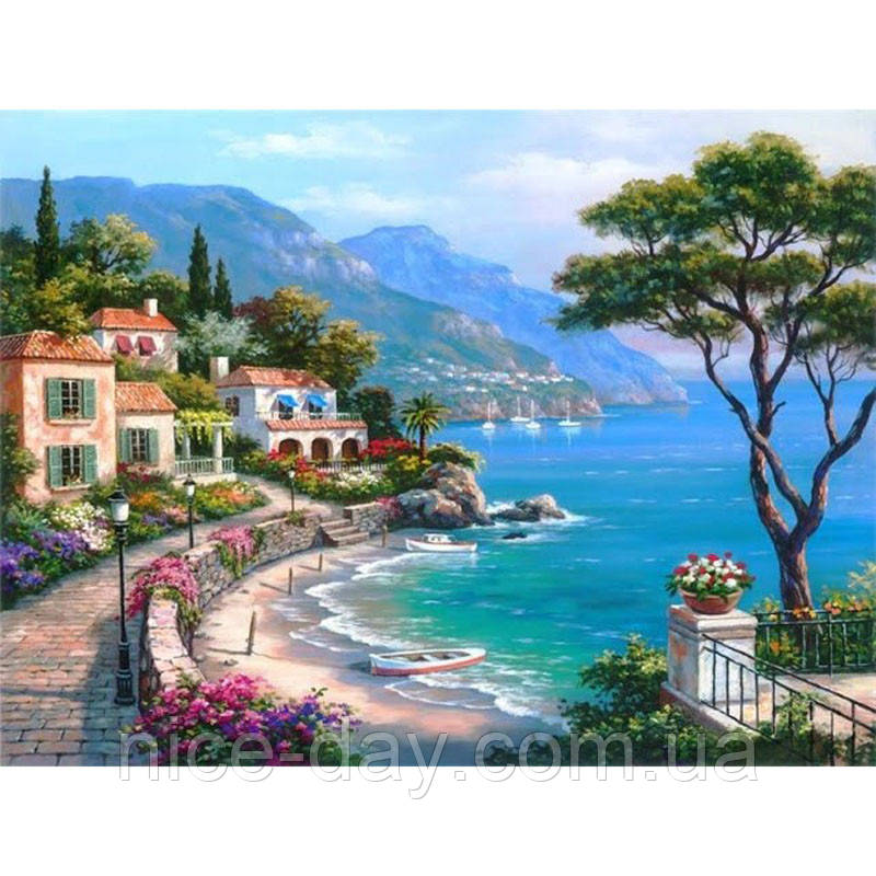 Картина для малювання камінням Diamond painting Алмазна вишивка "Набережна біля моря" 30 на 40 см