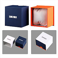 Фирмовая подарочная коробка для часов Skmei для хранения и сохранности синяя с оранжевым