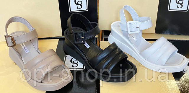 Жіночі босоніжки на платформі білі бежеві чорні шкіряні на танкетці товстій підошві 36-40 від виробника