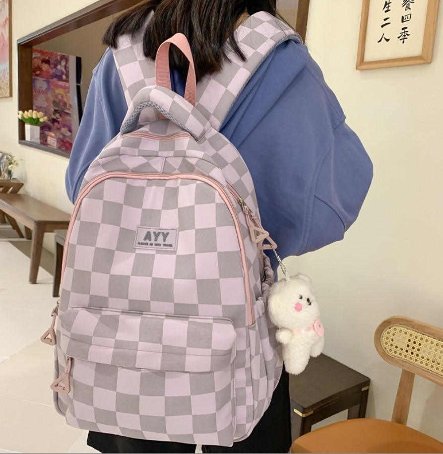 Модний великий тканинний рюкзак в клітинку для старшокласників