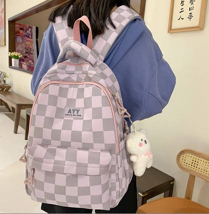 Модний великий тканинний рюкзак в клітинку для старшокласників, фото 1