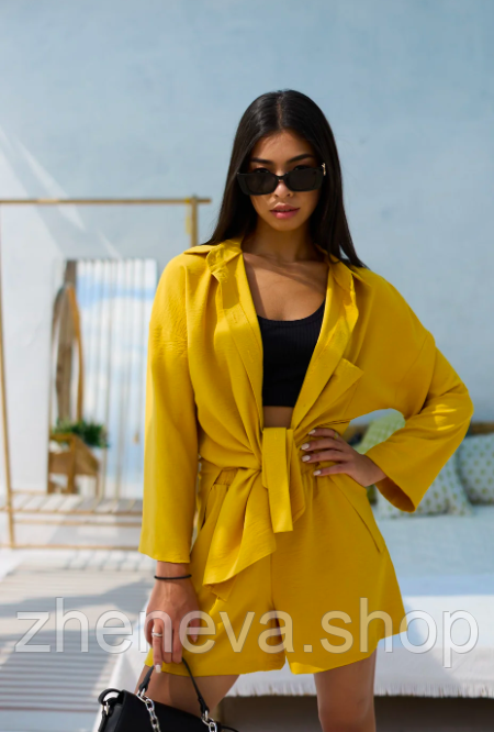 Костюм літній жіночий жовтий, сорочка на ґудзиках, шорти, фото 1