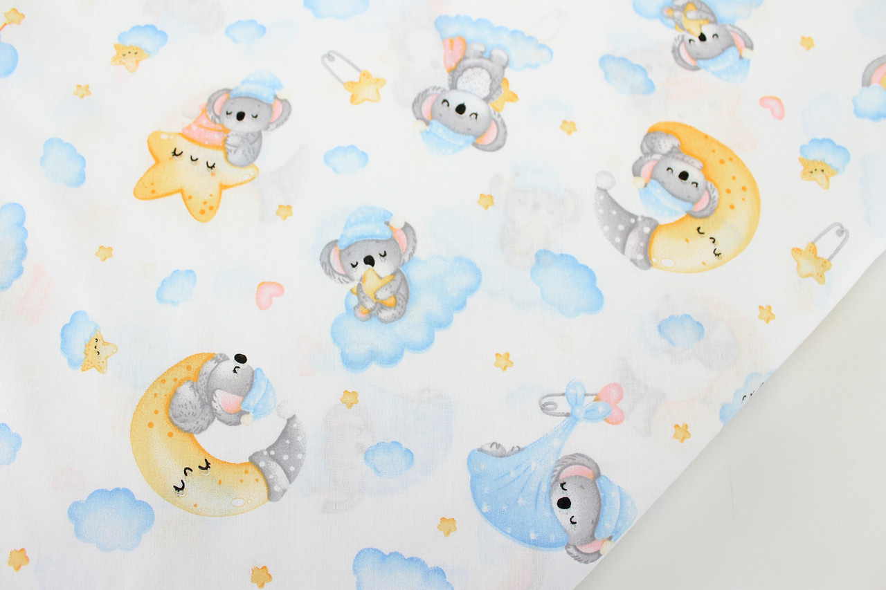 БРАК. Бязь "Маленькі коали на жовтих місяцях і блакитних хмарах" на білому тлі No 3101-01, фото 1