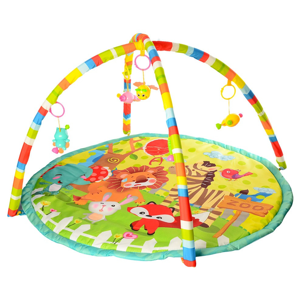 Килимок для немовляти 056-7-8-9-60-1, розвиваючий, з дугами, брязкальця підвіски, в сумці, іграшка, фото 1