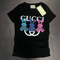 Футболка женская Gucci черная с принтом модная хлопок стильная брендовая Турция