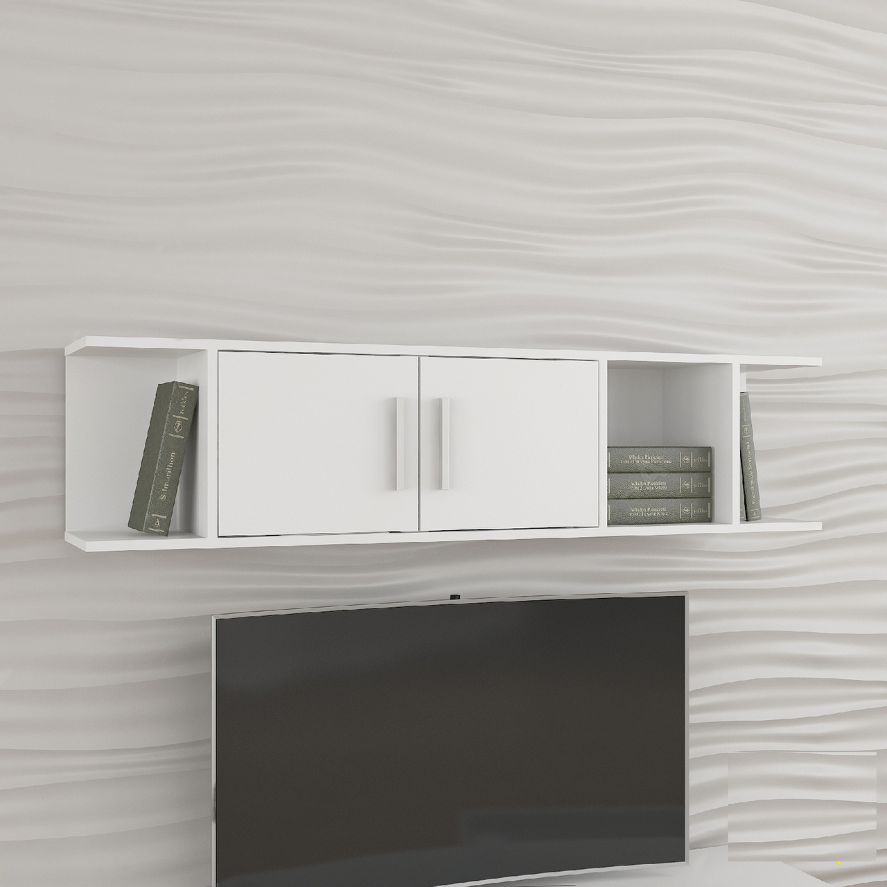 Полиця навісна з двома дверцями та осередками з боків з ДСП Ексклюзивні полиці на стіну 140 см шириною, фото 1