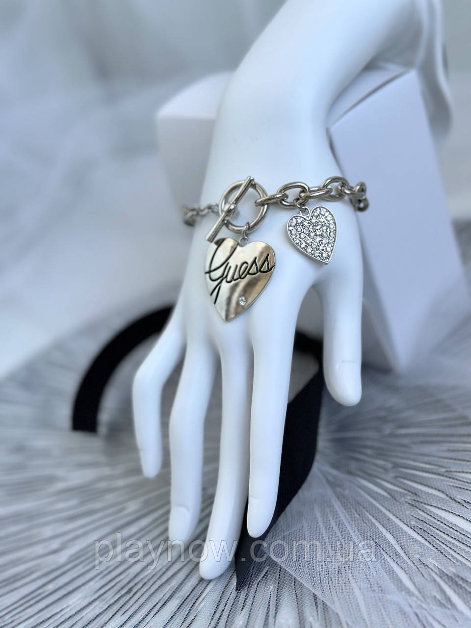 Браслет сердце с подвеской в камнях. Женская бижутерия на руку в серебре., фото 1