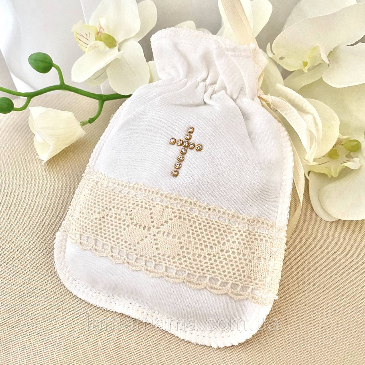Мішечок хрестильний для першого локону Янгол Інтерлок Молочний BetiS, фото 1