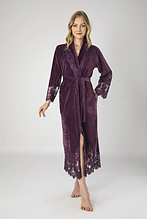 Халат велюровий з мереживом довгий на запах, якісний жіночий велюровий халат для будинку Фіолетовий
