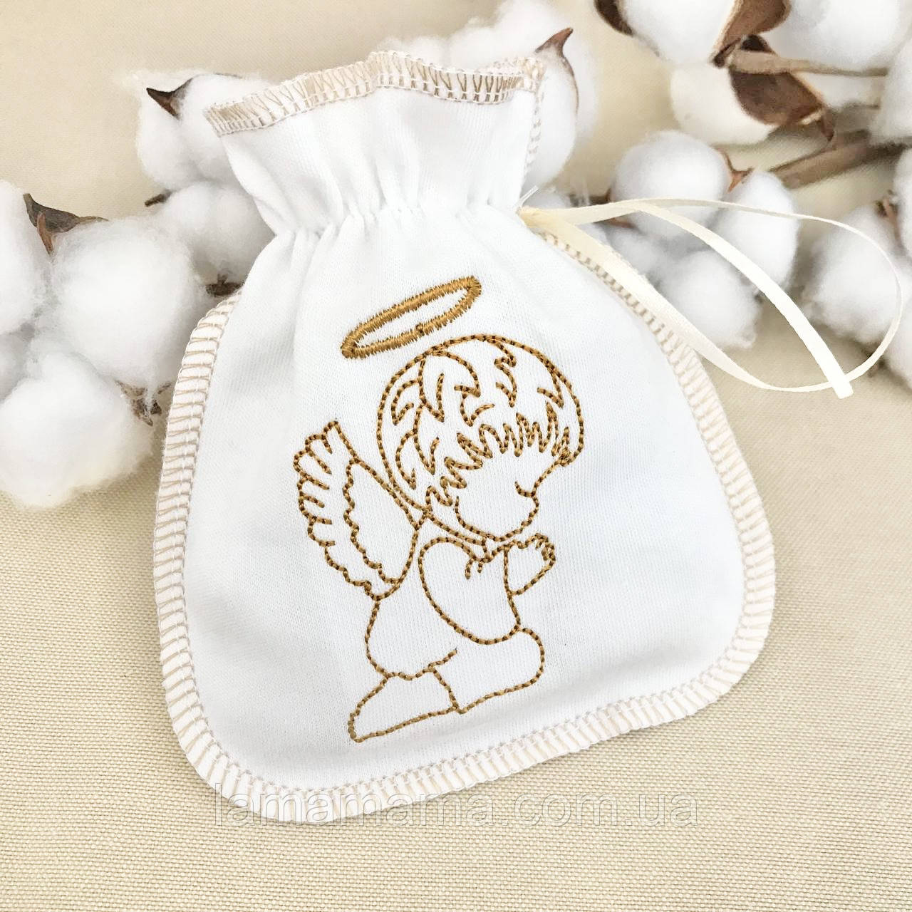 Мішечок хрестильний з вишитим янголом для першого локону Аріна-1 Інтерлок Молочний/Золото BetiS, фото 1