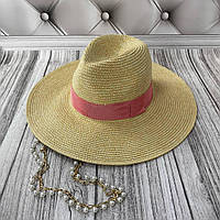 Летняя соломенная шляпа Федора с широкими полями и цепочкой Zarina Pink