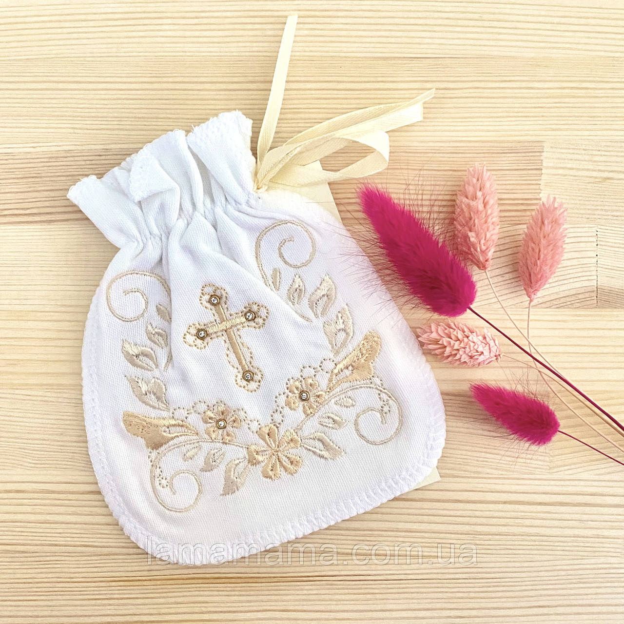 Мішечок хрестильний для першого локону Скарбничка янгола Інтерлок Молочний/Беж BetiS, фото 1