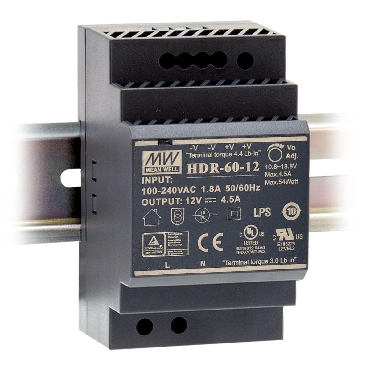 Блок живлення на DIN рейку Mean Well HDR-60-12, 12V, 54W, 4.5А, IP20