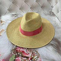 Літній солом'яний капелюх Федора із широкими полями і ланцюжком Zarina Pink