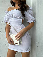 Трендовое стильное популярное приталенное однотонное льняное платье в стиле Зары с завязками на спине