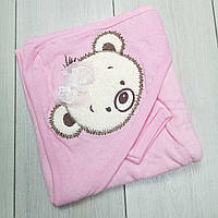 Дитячий махровий рушник "Мішутка" для дівчинки з куточком і з рукавичкою. Рожевий