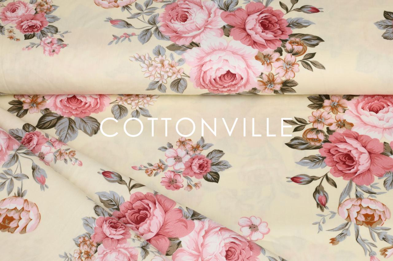 Сатин-твіл Троянди рожеві на ванільному фоні