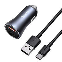 Автомобильное зарядное устройство USB+Type-C с быстрой зарядкой 40W 5A и кабелем Typec-C для телефона Baseus