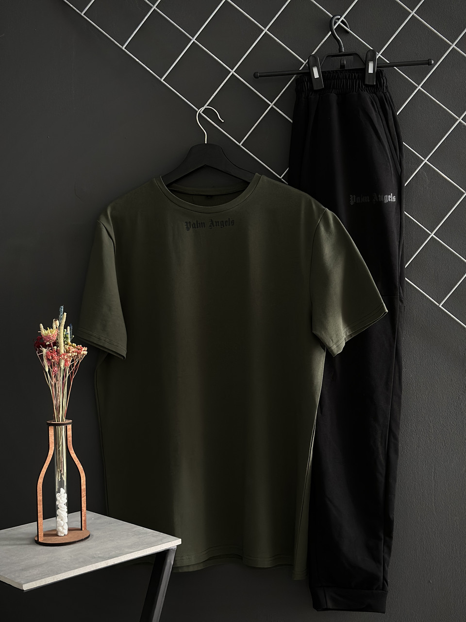 Літній костюм чоловічий штани футболка Palm Angels повсякденний комплект палм ангелс хакі-чорний, фото 1