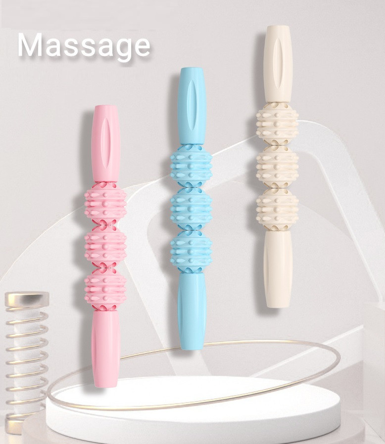 Массажная роликовая палочка, на три валика для массажа (ручной массажер с двумя ручками для шеи, спины, ног) - фото 1 - id-p1857797719