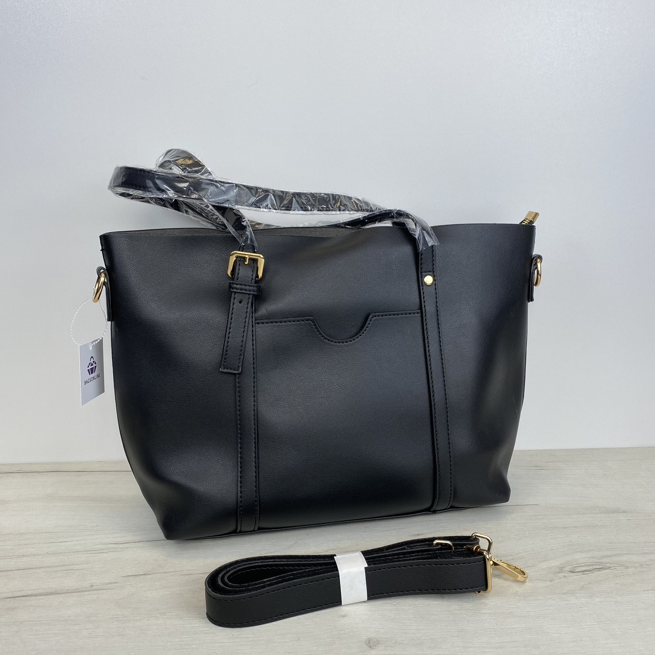 Жіноча сумка шоппер на 2 відділення з ремінцем на плече А22-1898 Чорна, фото 1