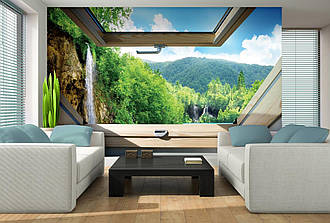 Флізелінові фотошпалери з перспективою для кухні 3D 368х254 см Вид на водоспад та ліс з вікна (10391V8) Найкраща якість