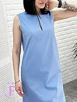 Летне платье из стрейч лена прямое голубого цвета