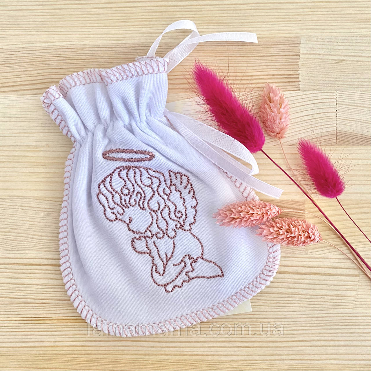 Мішечок хрестильний з вишитим янголом для першого локону Аріна Інтерлок Білий/Пудра BetiS, фото 1