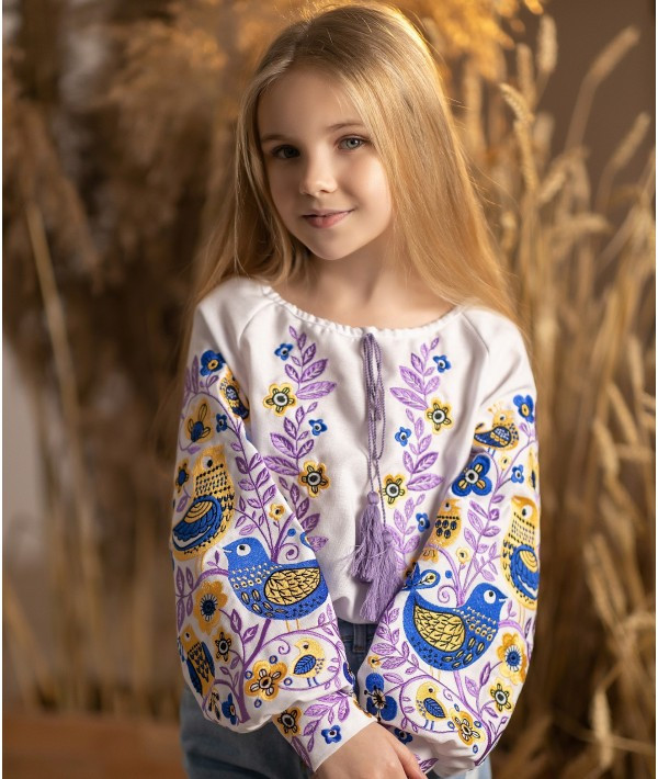 Дитяча вишита блуза з пташками та квітковим дизайном, Яскрава підліткова вишиванка, Вишиванка дитяча