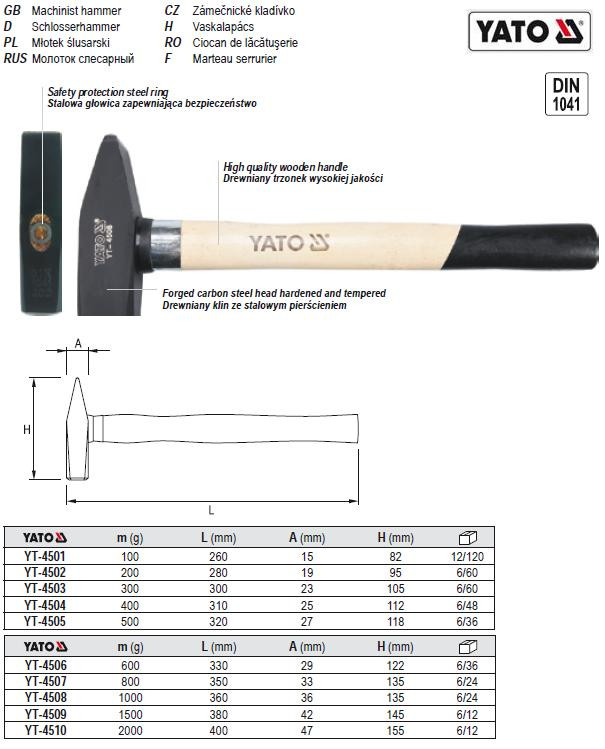 Молоток слюсарний DIN 1041 m=600 м l=330 мм YATO-4506