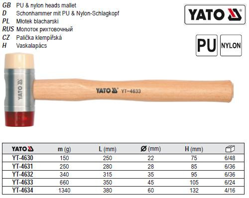 Молоток бляхаря бляхара поліуретан/нейлон Ø=60 мм m=1406г YATO-4634