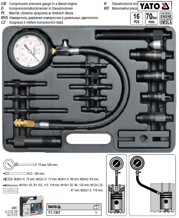 Набор компрессометр для дизельних двигателей YATO Польша P=70 Bar 16  предмов YT-7307