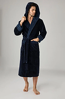 Мужской халат велюр однотонный на поясе домашний, зимние мужские халаты махра с длинным рукавом Темно синий
