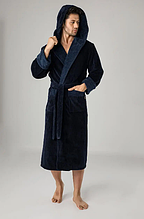 Чоловічий халат велюр однотонний на поясі домашній, зимові чоловічі халати махра з довгим рукавом Темно синій