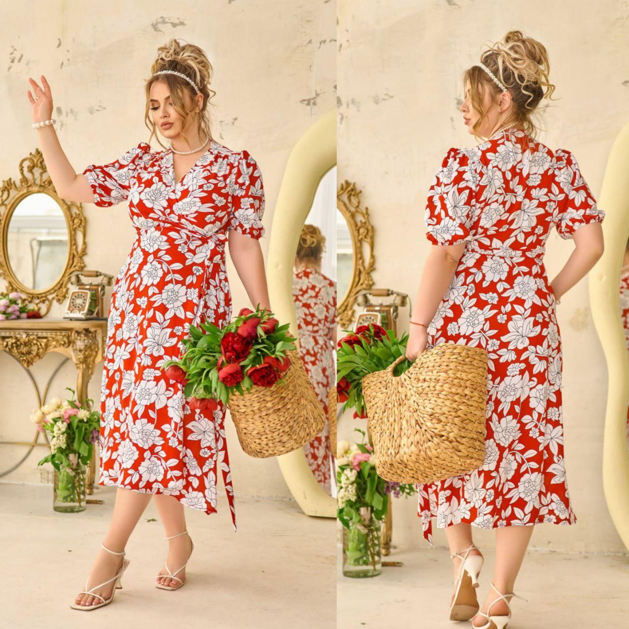 Стильне жіноче плаття міді червоне у квітковий принт (6 кольорів) ЮР/-72453